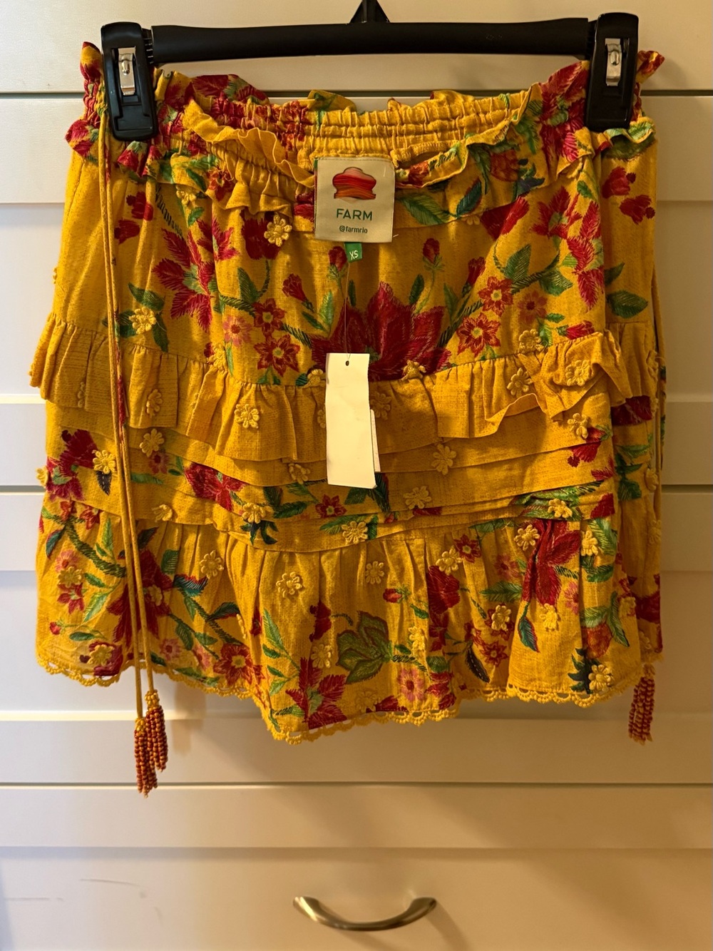FARM Rio Mustard Yellow Floral Tiered Mini Skirt